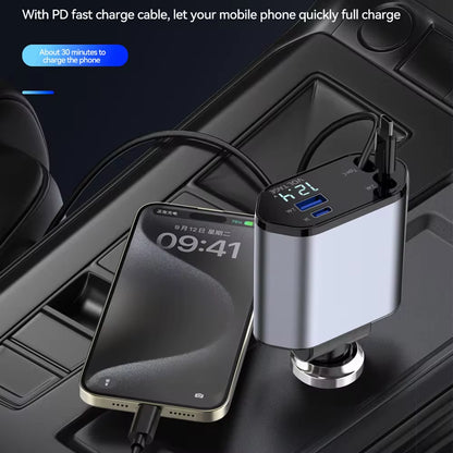 Retractable Car Charger, 4 in 1 Fast Charging Car Charger 120W, Retractable Cable and 2 USB Ports Car Charger Adapter Compatible